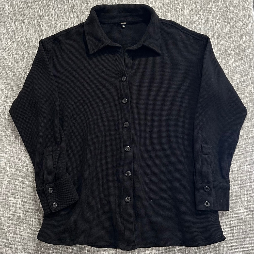 Monrow Women's Black Waffle Cotton‎ Shacket - Pockets - Small - Luxe!